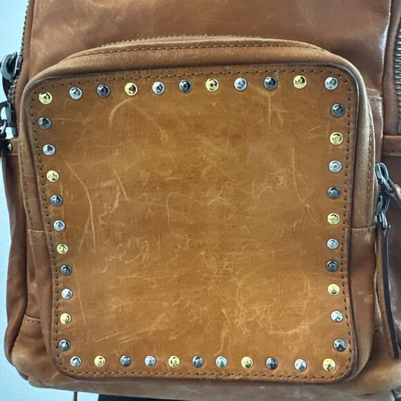 Old Tend backpack Brown 100% Eco Genuine Leather Studded Embellished Modern - Picture 2 of 12